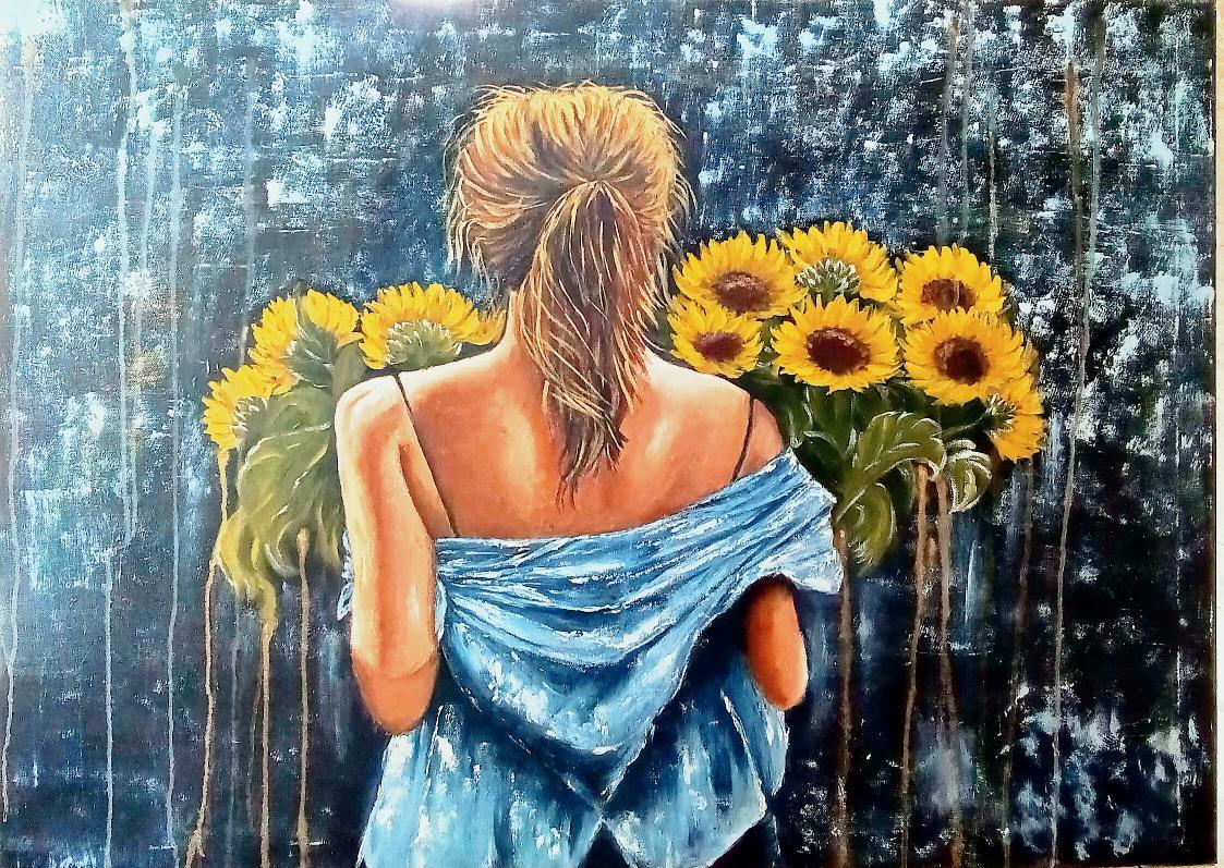 Sunflowers Behind Her